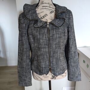 DRESSBARN | Women's Blk/Gray Scalloped Collar Linen Blend Zip Up Blazer